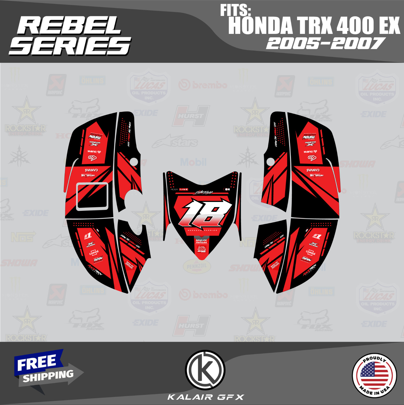 Graphics Kit for HONDA TRX400EX (2005-2007) 16MIL Rebel Series - Red Shift
