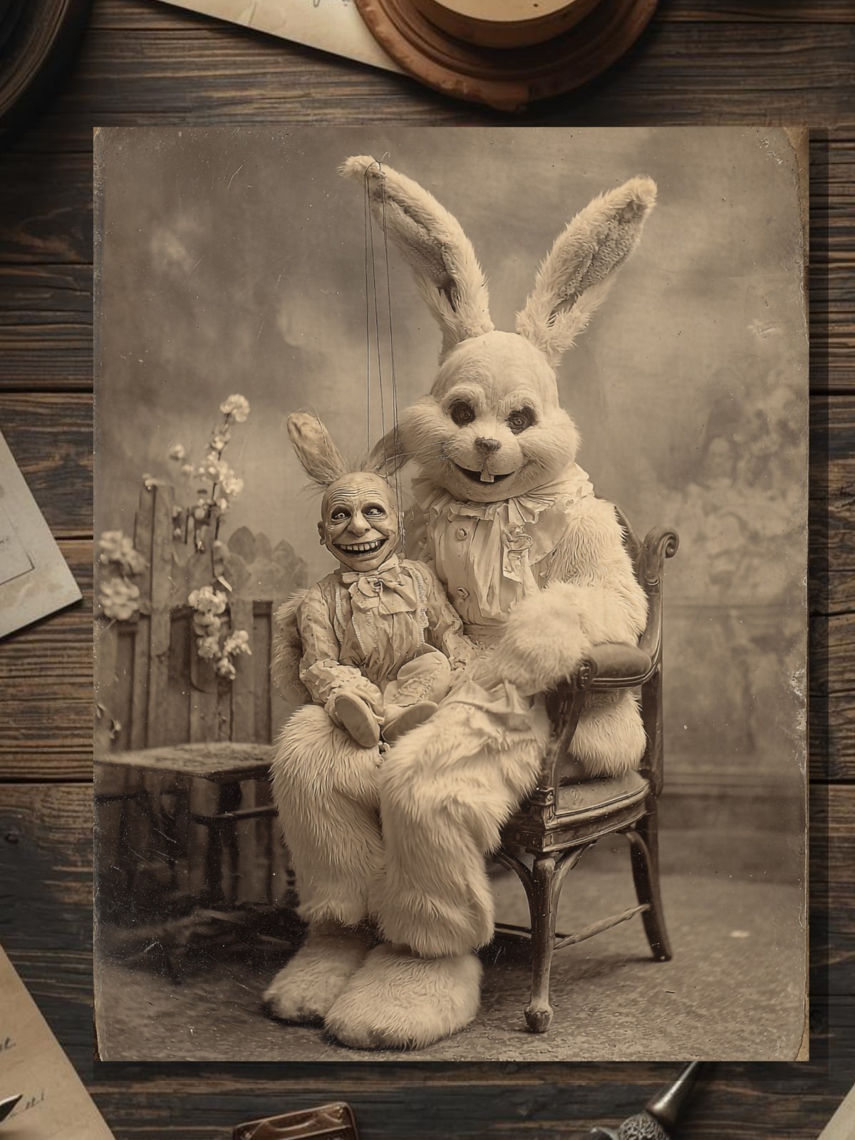 Vintage Victorian Creepy Easter Bunny Card Gothic Dark Puppet Art Antique Style