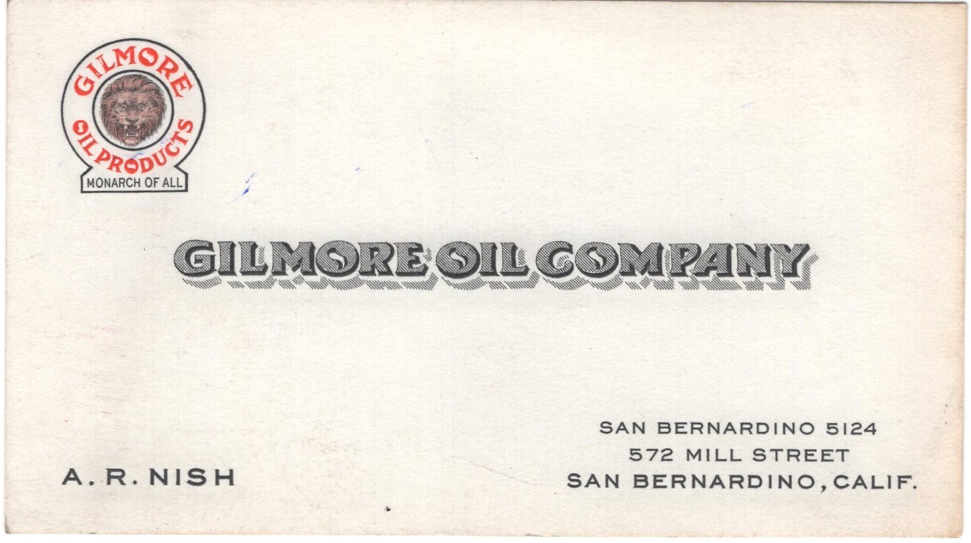 Vintage GILMORE OIL COMPANY California BUSINESS CARD San Bernardino California
