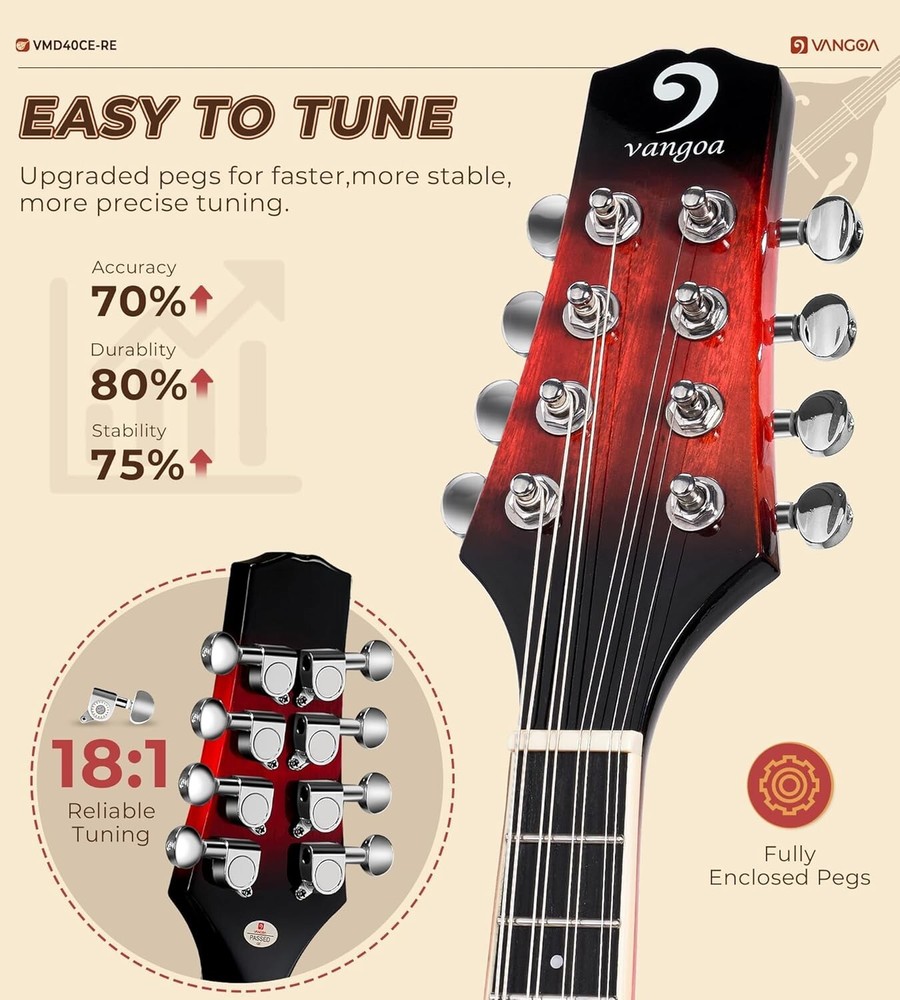 Professional Grade 8-String Mandolin - Comfortable Playing & Stunning Red Burst