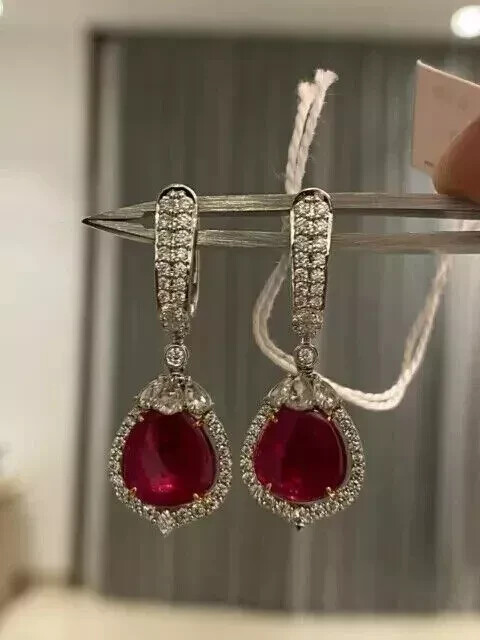2Ct Pear Cut Lab-Created Red Ruby Halo Drop/Dangle Earring 14K White Gold Plated