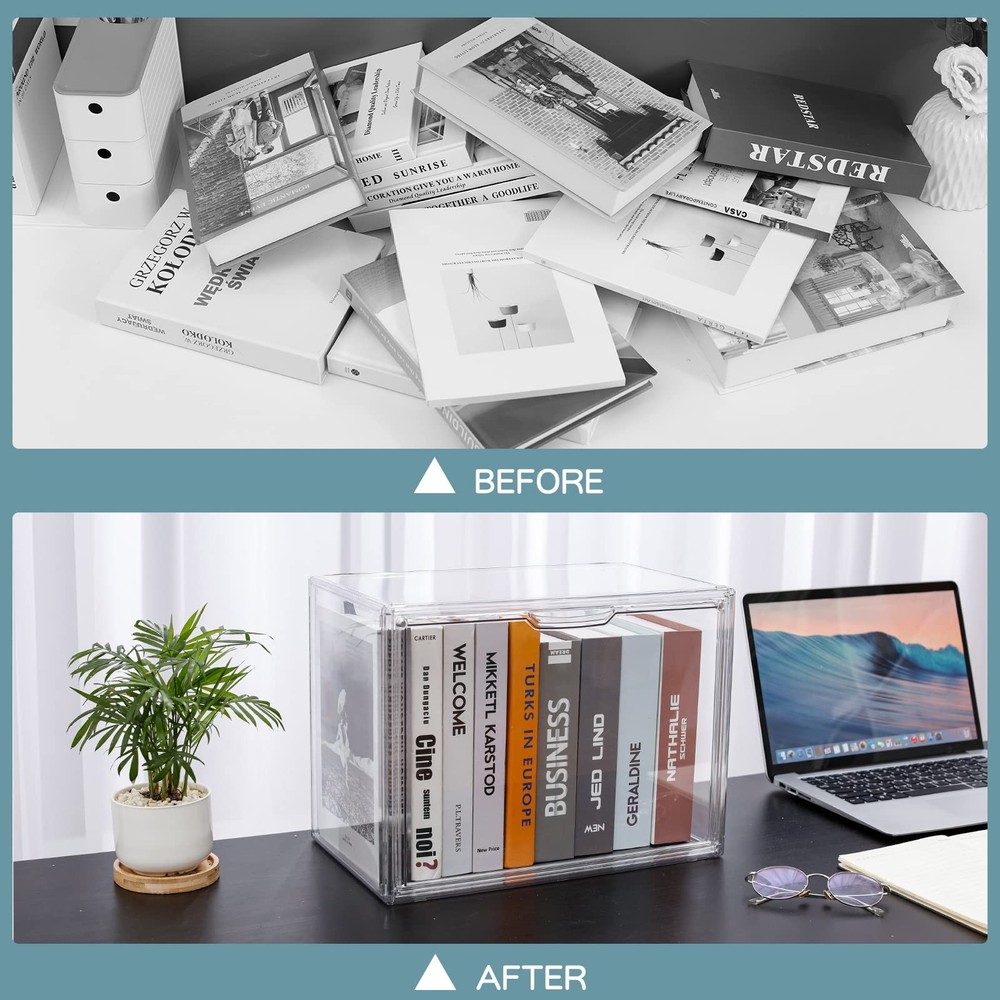 FABROK 2Pcs Clear Stackable Plastic Book Storage Display Organizer Box