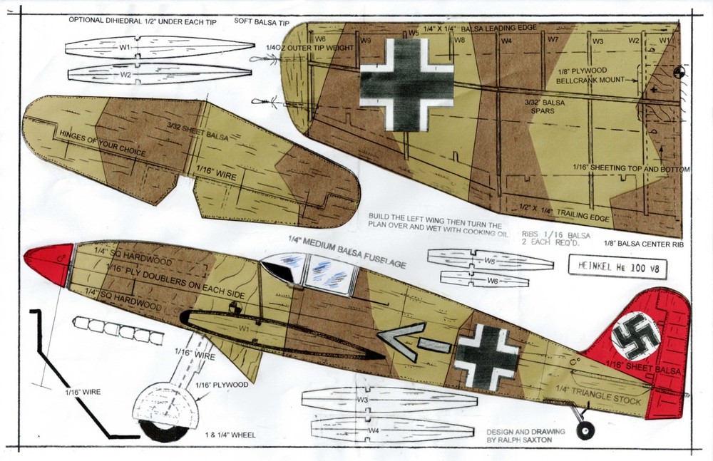 1/2 A  German Heinkel 100 U-Control plans only