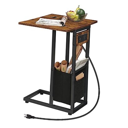C Shaped Side Table with Charging Station, Foldable End Table with Fabric