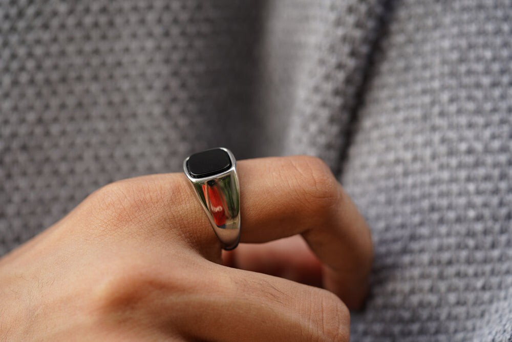 Cushion Black Onyx Ring in Silver or Gold Natural Gemstone Ring For Husband Mens