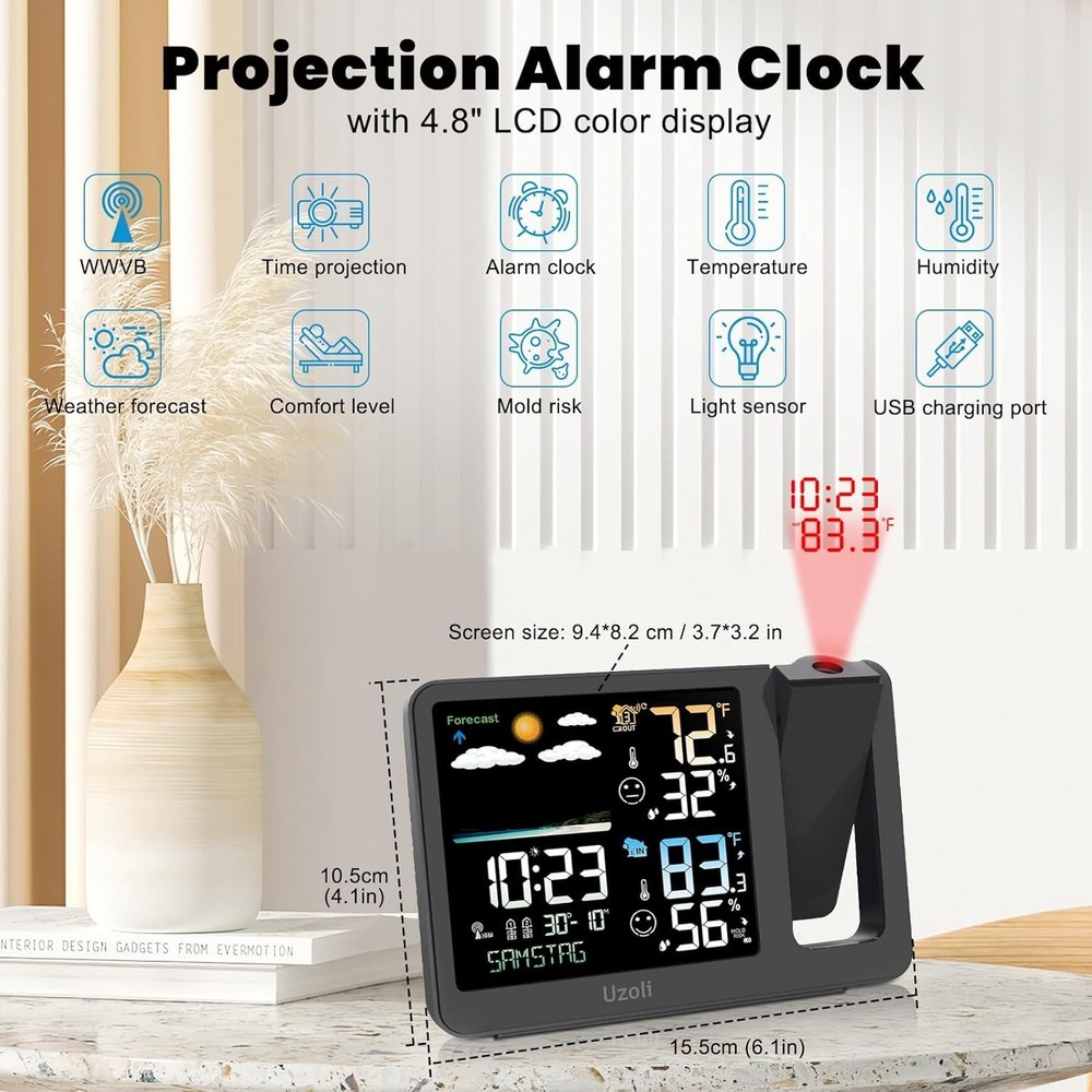 Projection Alarm Clock Weather Station, WWVB Atomic Projector Clock with Sensor,
