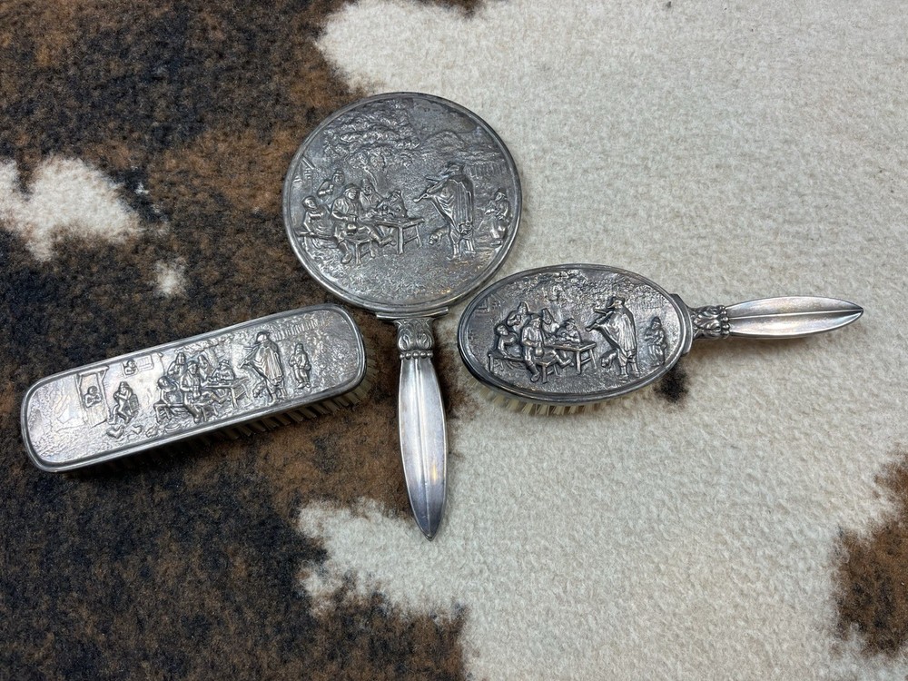 VTG Hans Jensen Denmark Silver Plate Repousse Combs & Mirror