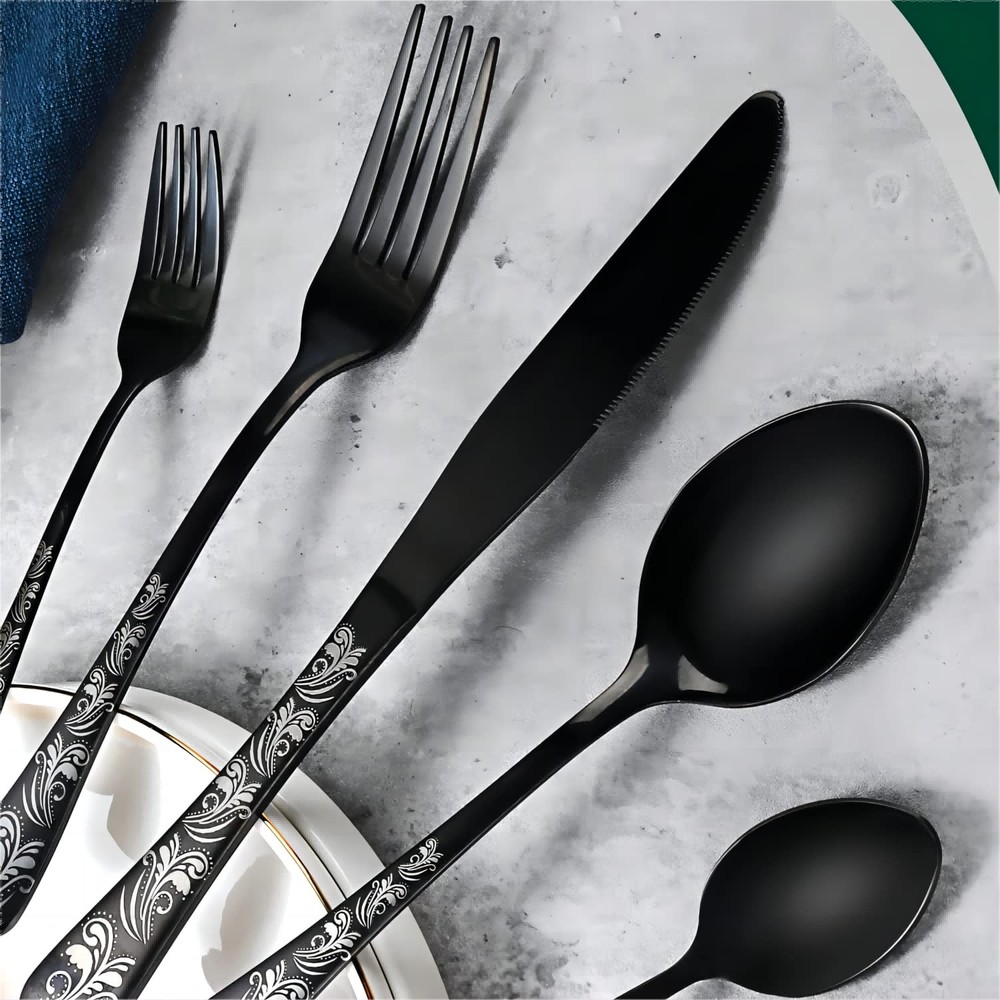Black Silverware Set, Stainless Steel Flatware Set 30 Pcs for 6, Includes For