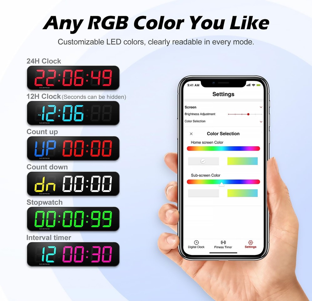 15.2" Large Digital Wall Clock with App & Remote Control, Customizable RGB Co...