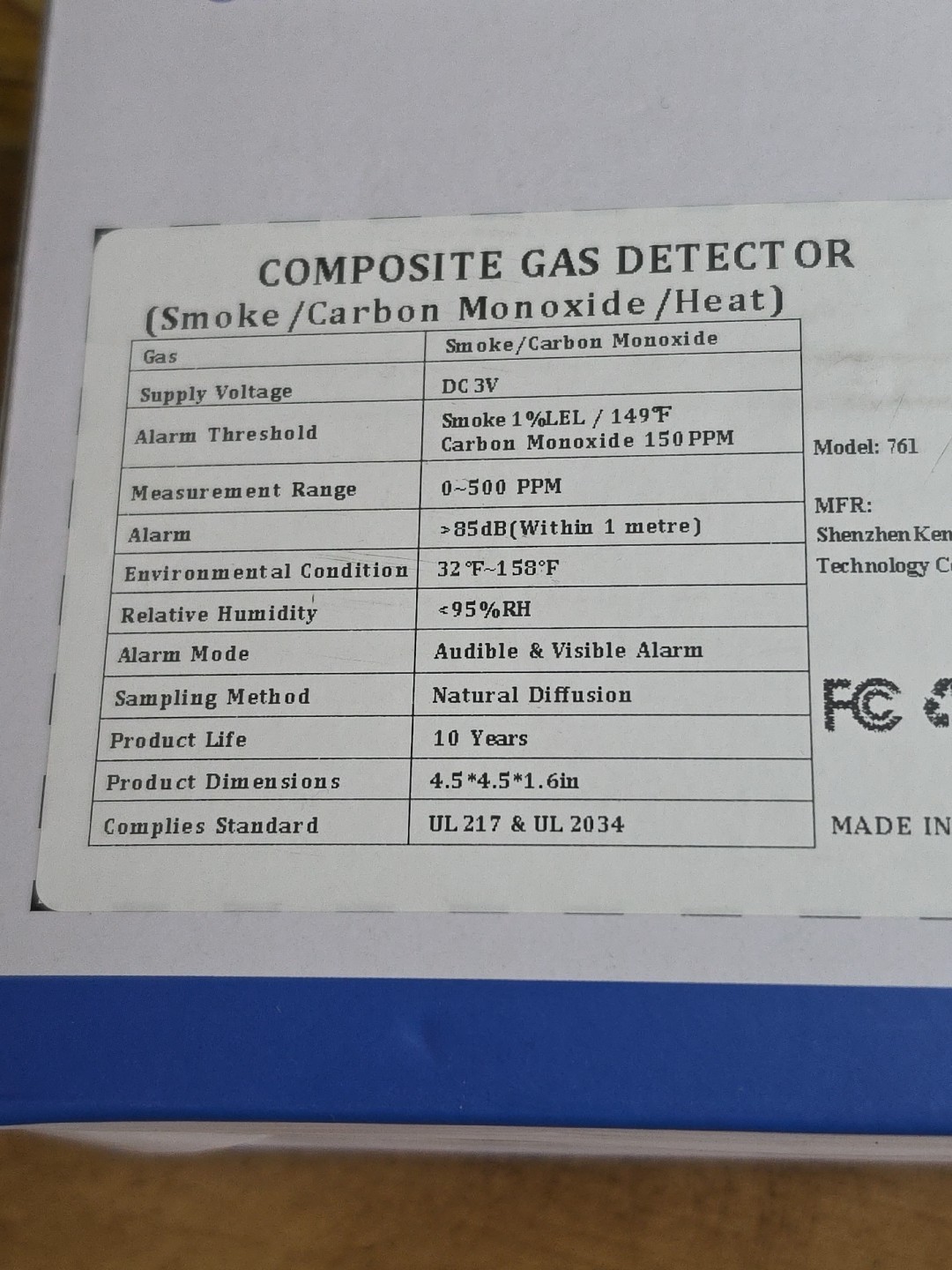 3-in-1 Carbon Monoxide / Smoke / Heat Detector 10-Year Battery Fire Alarm