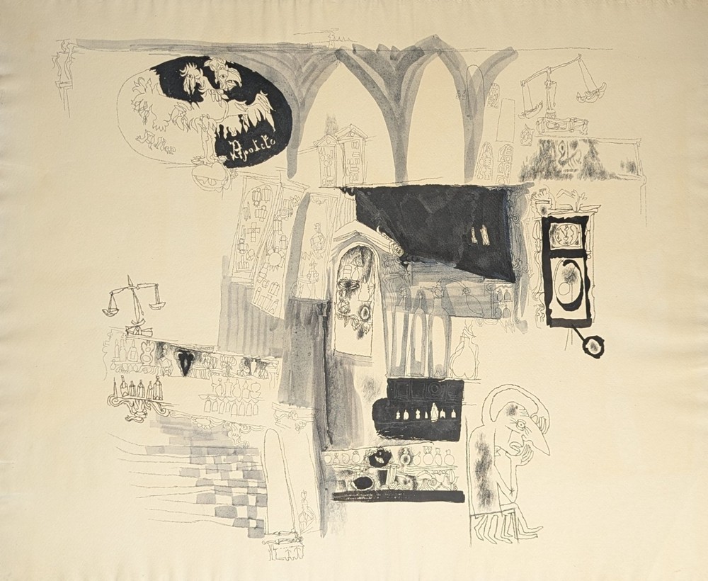 Fritz Kreidt, abstract room composition, drawing, unsigned