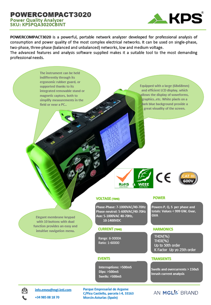 KPS POWERCOMPACT3020 Power Quality Analyzer 3 Phase PQA Harmonics 3000A Clamps