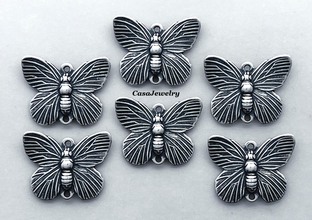 #0445 ANTIQUED .925 STERLING SILVER PLATED BUTTERFLY 2 RING CONNECTOR- 6 Pcs