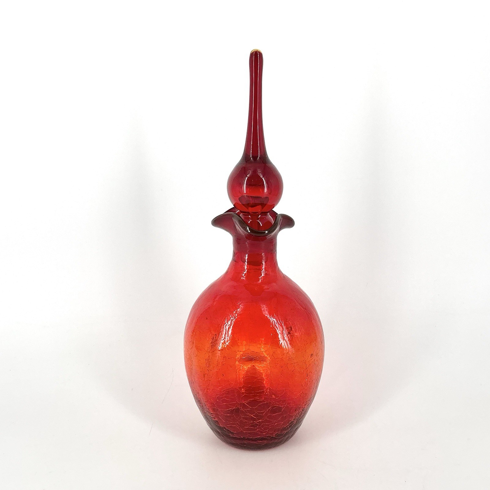Vintage Rainbow Crackle Glass Decanter With Flame Stopper Pinched Amberina Red