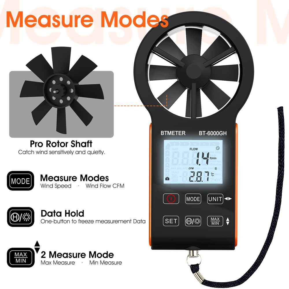 Precision Anemometer 0.3-30 m/s - Airflow (CFM/CMM) & Temp Gauge, Hold Function