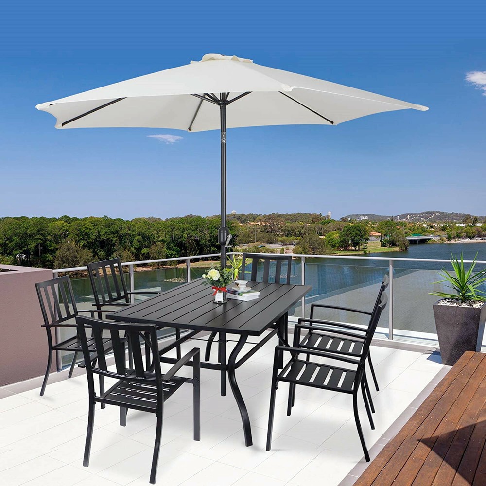 60" Outdoor Dining Table Metal Rectangular Patio Dining Table with Umbrella Hole