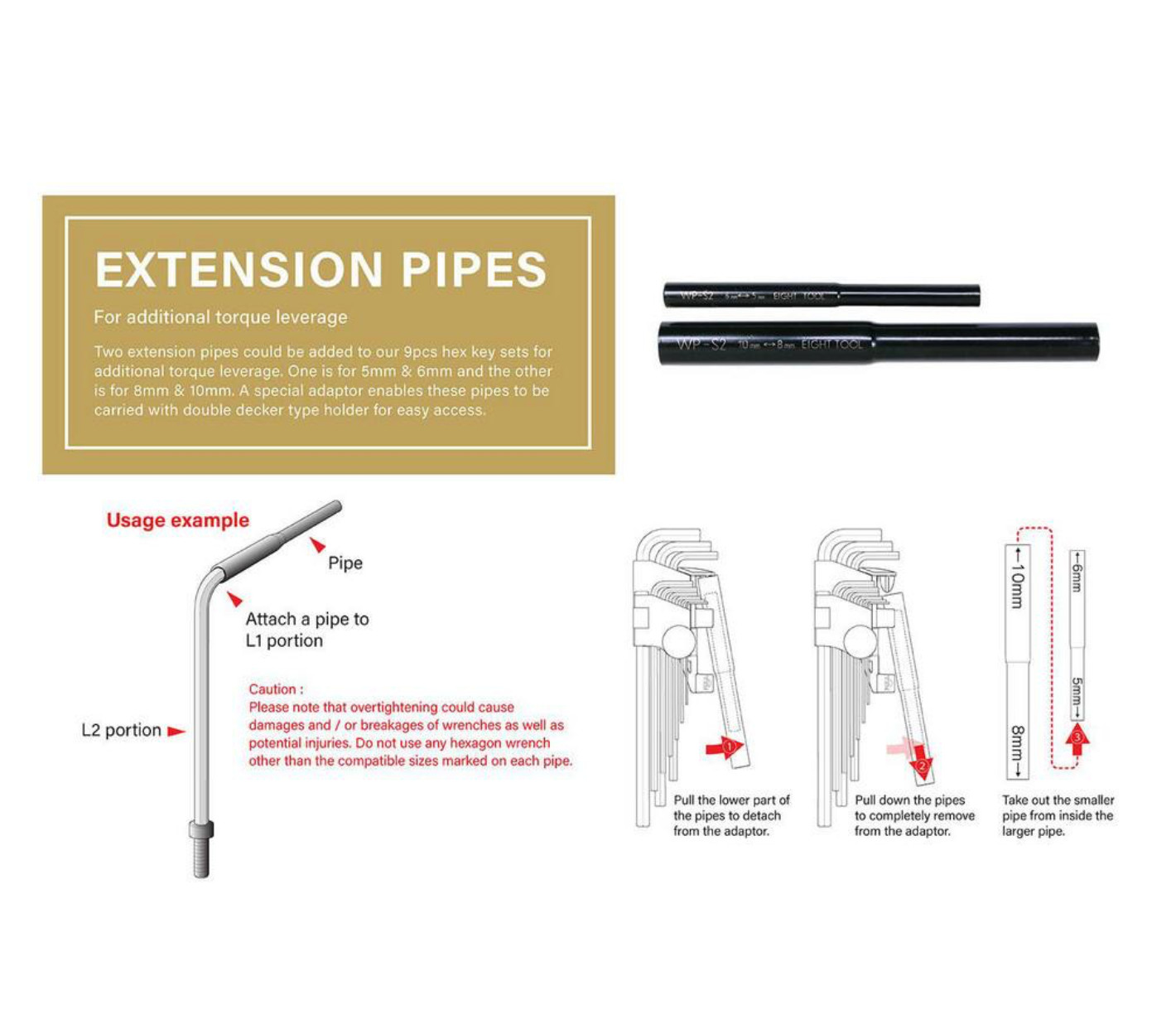 Eight Tool TLC-S9NP Taper Head Hex Key Set of 9 Pcs. Includes Cheater Bar