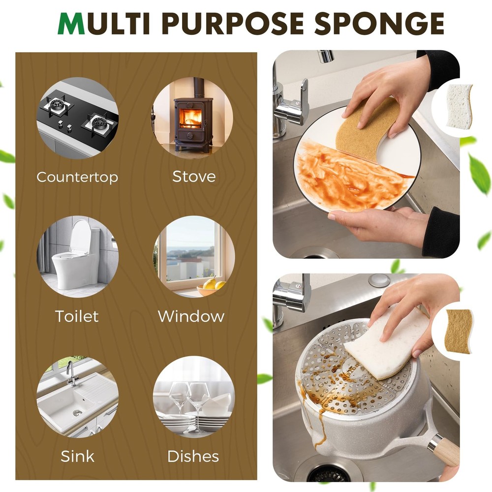 12 Pack Natural Biodegradable Kitchen Non Scratch Sponges,Compostable Plant B...