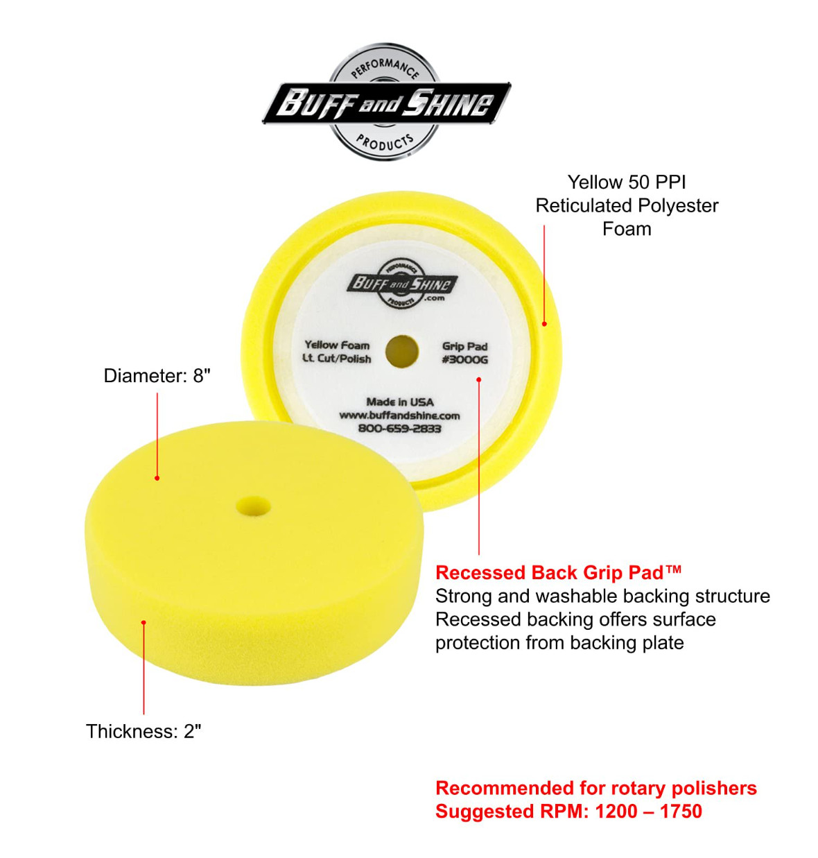 Buff & Shine 3000G 8″ x 2″ Recessed Hook & Loop Yellow Foam Grip Buffing Pad