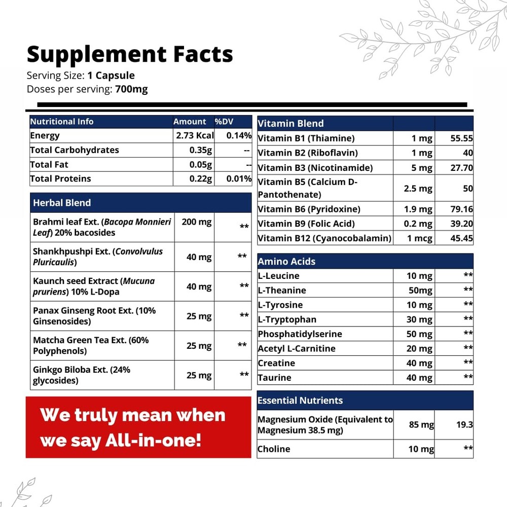 Brain Pro Herbal Nootropic Memory Focus Capsules 60 Count