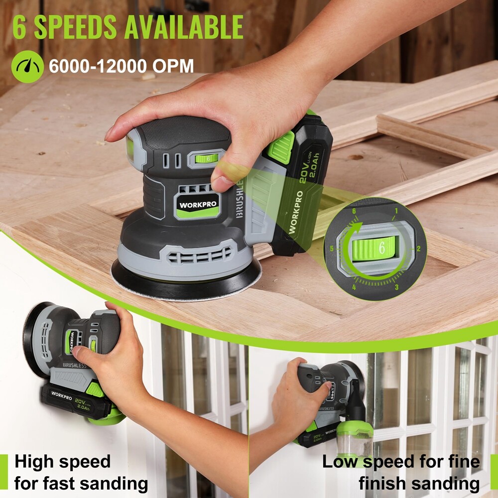 WORKPRO Cordless Brushless Random Orbital Sander 6 Variable Speed 6000-12000 OPM