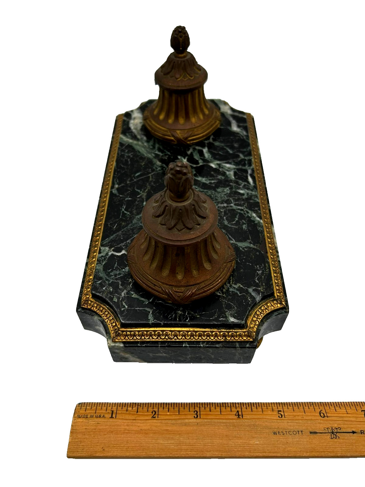 Antique Green Empire Marble and Bronze Inkwell