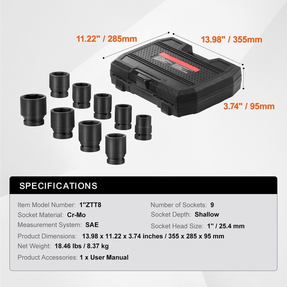 Axle Nut Impact Socket Set 1" Drive 6-Point 9PCS SAE Spindle Nut Socket