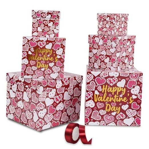 6PCS Valentine's Day Nesting Gift Boxes with Lid, Square Gift Boxes 6PCS Red