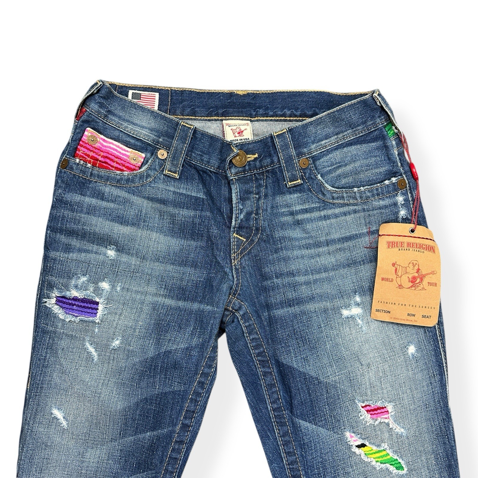 VTG True Religion Size 25 Brianna Baja Boyfriend Button-Fly Serape Patched Jeans