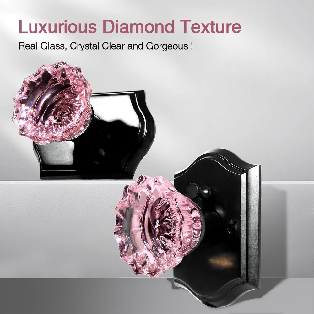 Crystal Door Knobs, Pink Black Glass Door Knobs Interior Rose Shape with Lock...