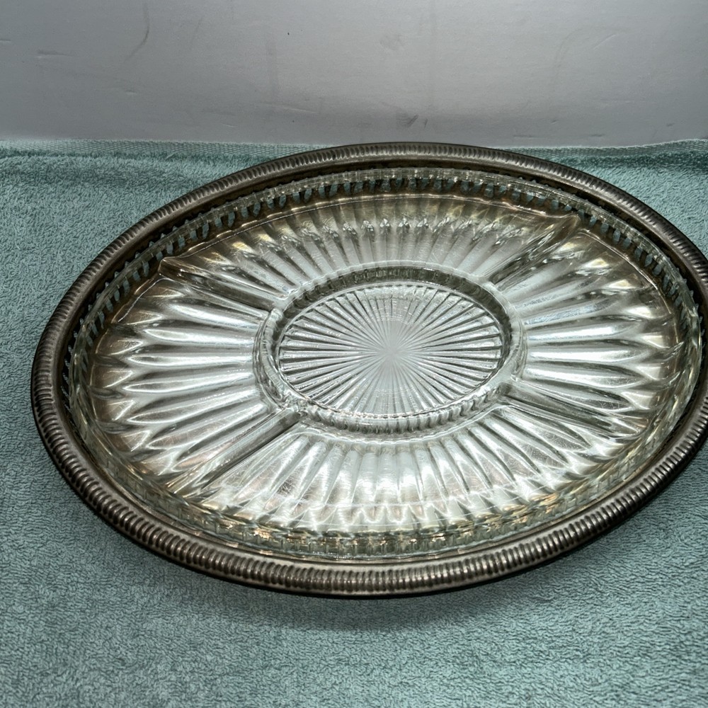 Vintage Silverplate Serving Tray 5 Section Crystal Insert