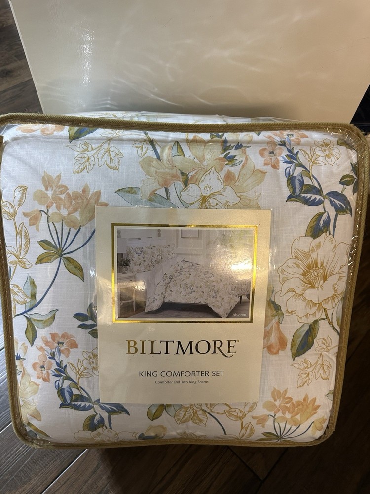 New Biltmore Abloom White Yellow Multi King Comforter & Shams Set 3pc