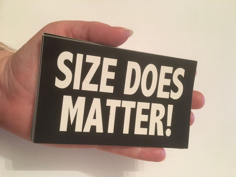 Size Does Matter! Black and white 3"x5" rectangular glossy sticker
