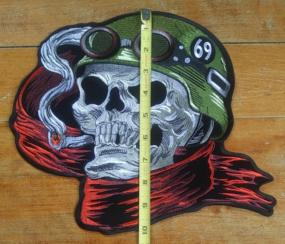 Large Embroidered Back Patch ~ Smokin' Death Skull 69 Helmet Biker Jacket PATCH