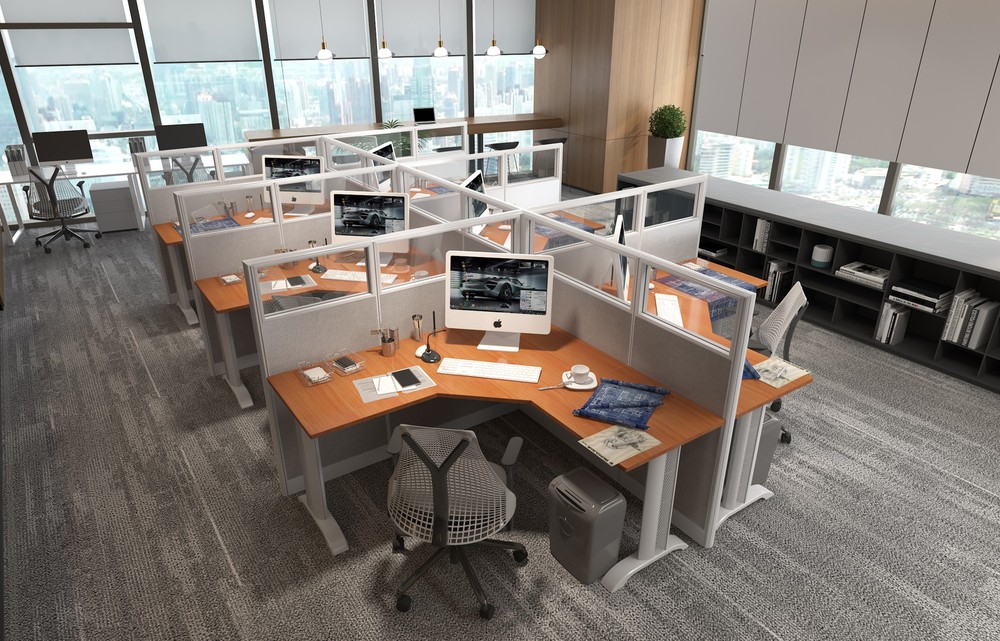 5x5 Cubicles- 54″ H- 6 MAN (PACKED) L Shape Glazed Office Workstations-E