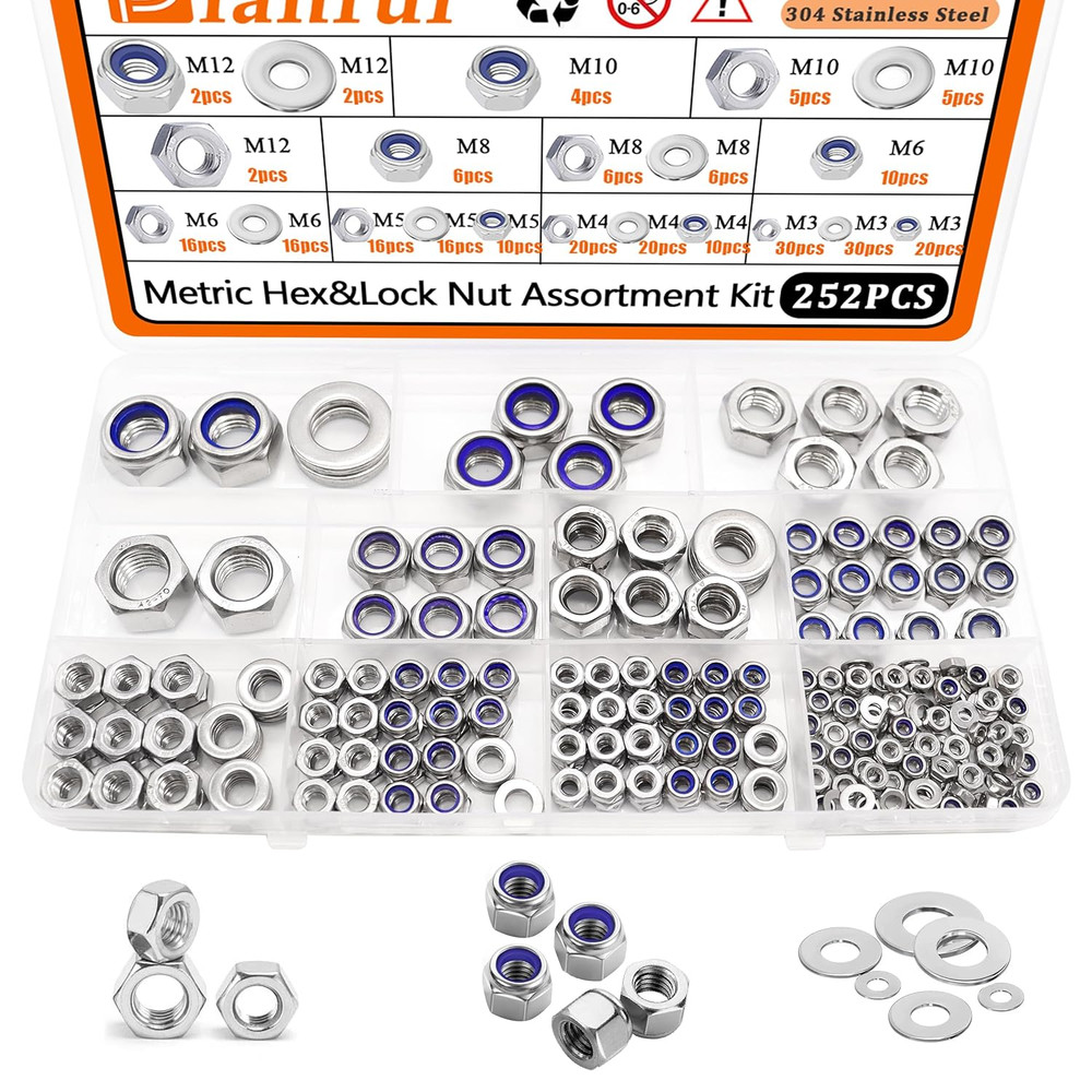 252PCS Metric Hexnut & Locknuts Assortment Kit with Flat Washer, Nuts and Was...