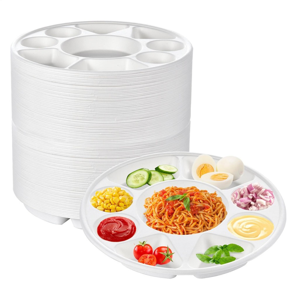 Disposable Plates With 9 compartment 100/200 Pcs Dinner Paper Plates compostable