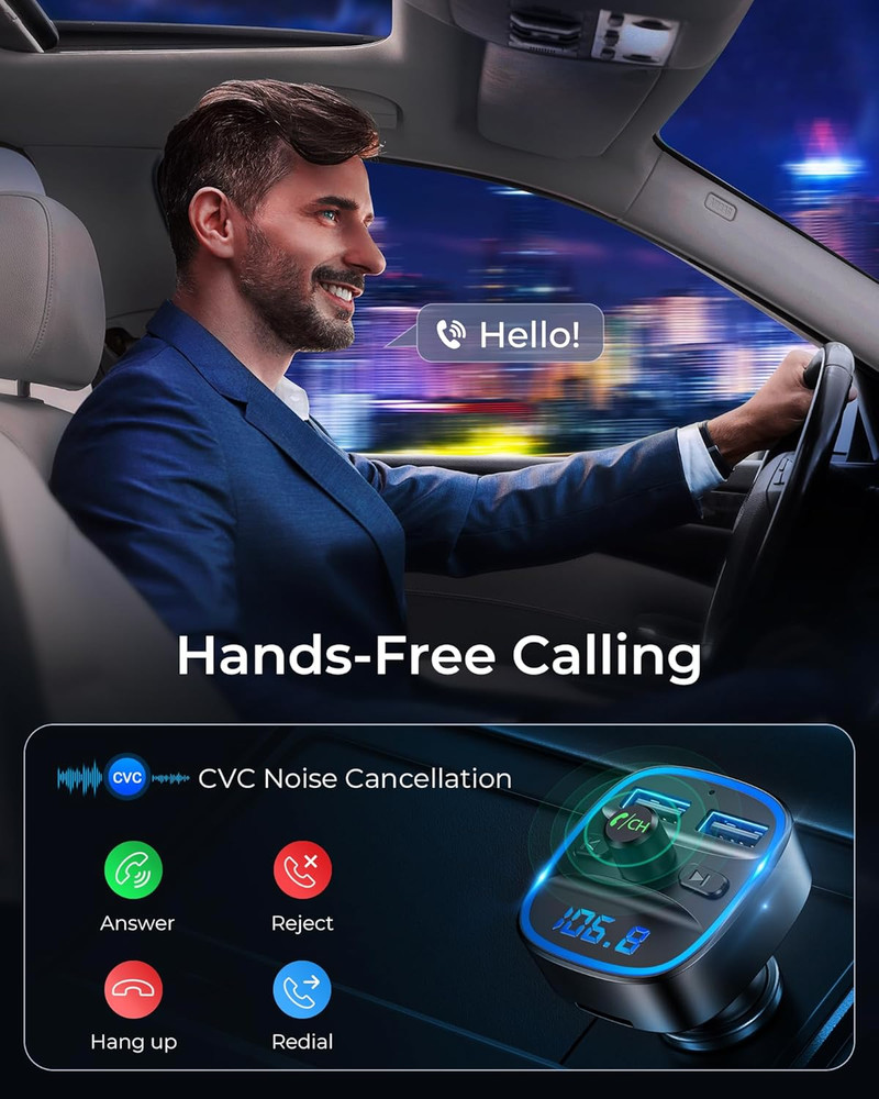 Bluetooth FM Transmitter, Wireless Radio Adapter Car Kit, Dual USB Charging