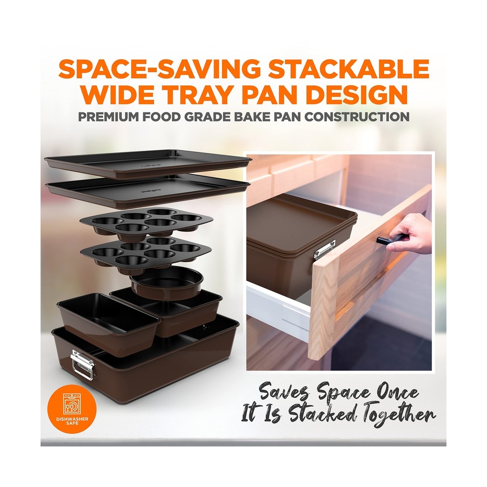 8-Piece Nonstick Stackable Bakeware Set - PFOA, PFOS, PTFE Free Baking Tray S...