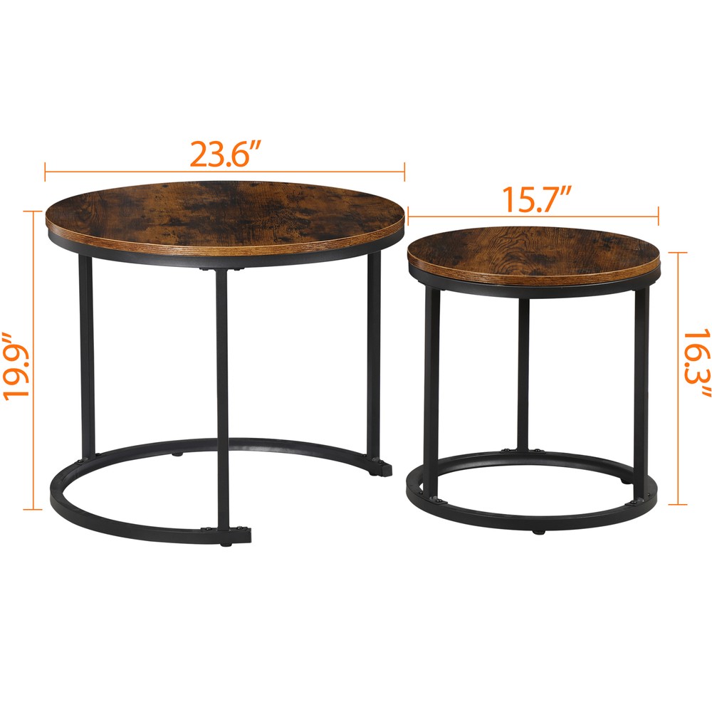 Set of 2 Nesting Coffee Table Round End Side Table for Small Spaces Rustic Brown