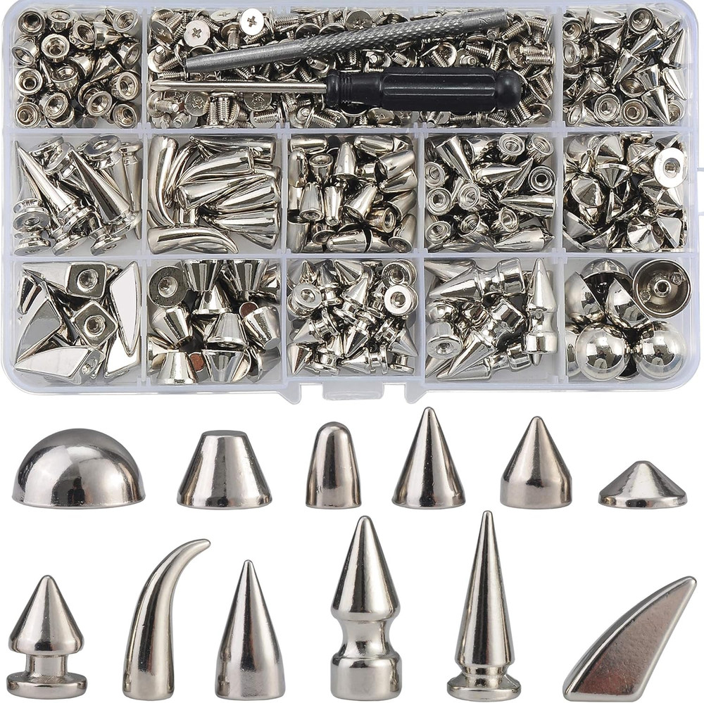 270 Sets Mixed Shape Spikes & Studs Silver Color Screw Back Bullet Cone Studs an
