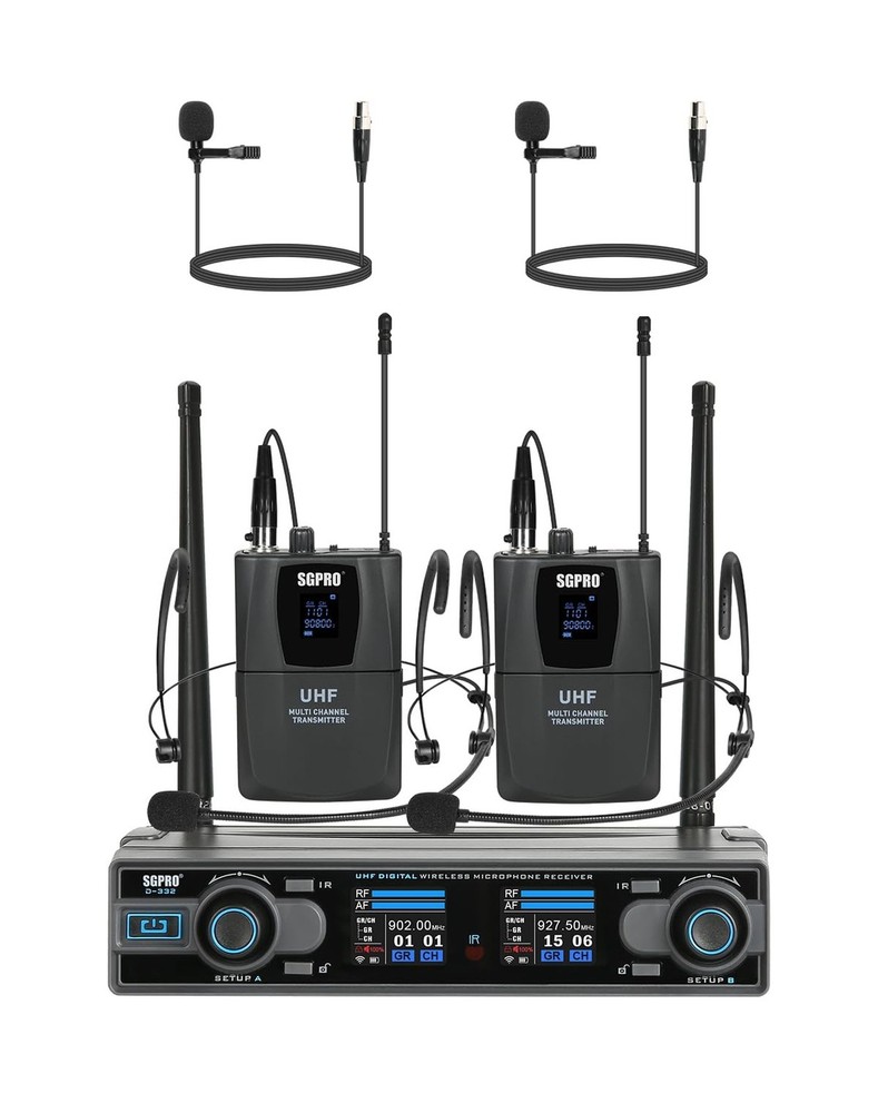 Dual Channel Wireless Microphone System with Two Bodypack Transmitters, Two H...