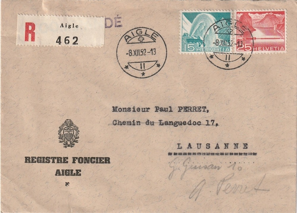 SWITZERLAND:  Registered cover Aigle 1952.