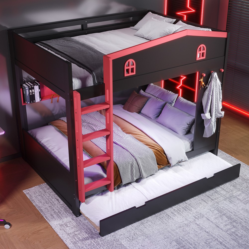 Queen Over Queen Bunk Bed w/ Trundle & Storage, Solid Wood Frame, Black/Red