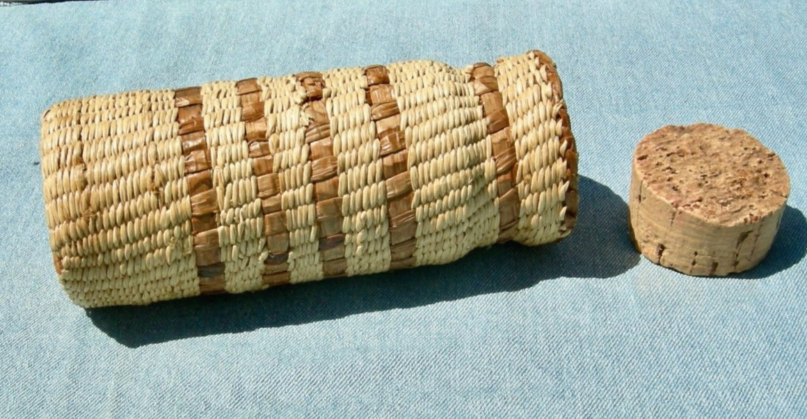 antique PACIFIC NW NATIVE AMERICAN NOOTKA, MAKAH HANDMADE BASKETRY GLASS JAR