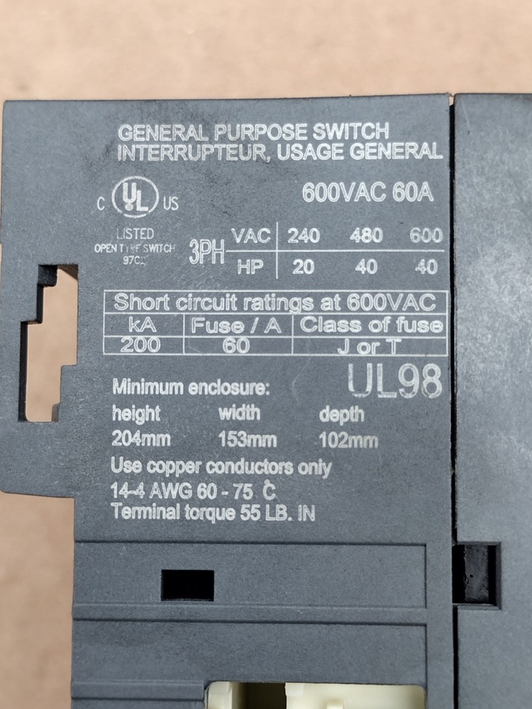 ABB OT60F3 DISCONNECT SWITCH 600VAC 60A 3PH