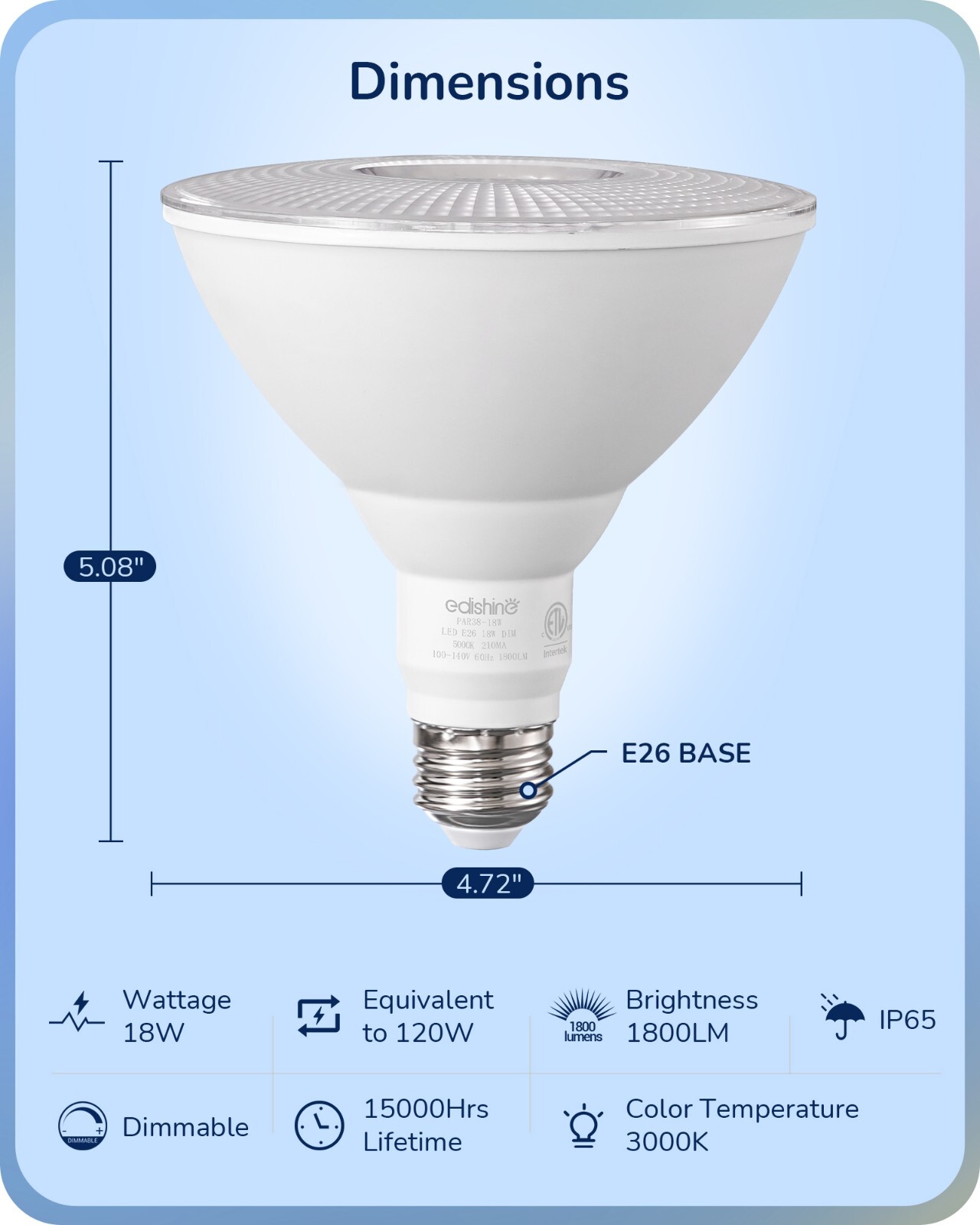 EDISHINE LED PAR38 Flood Light Outdoor Bulb 4 Pack,5000K Daylight 1800LM 18W