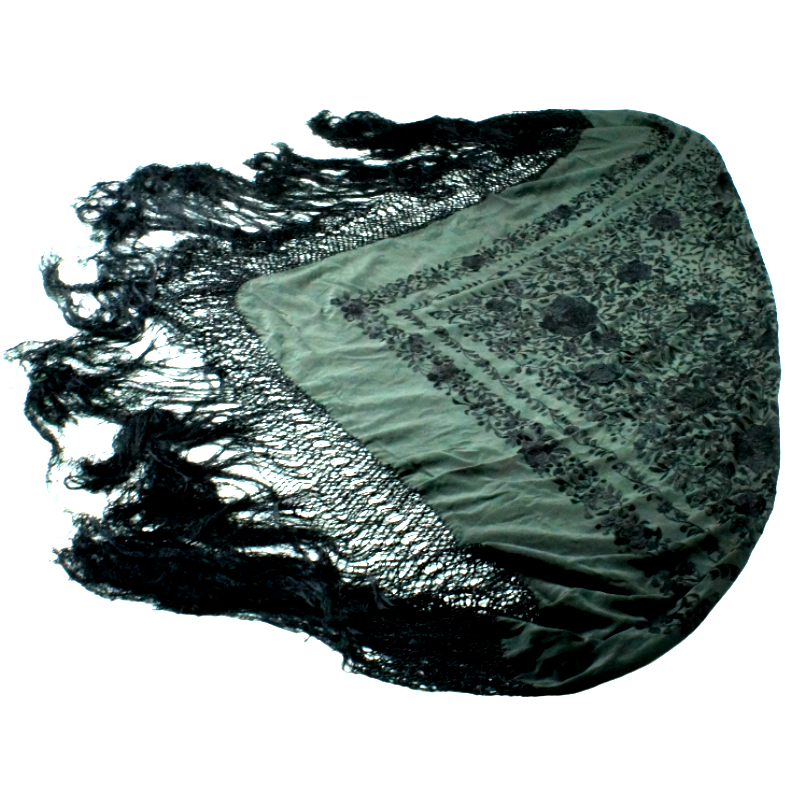 Antique Silk Shawl Wrap Piano Scarf HAND EMBROIDERED FLORAL WITH FRINGE 51"inch
