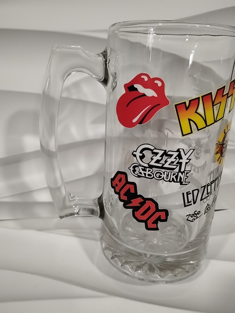 Kiss Band Large Jumbo Beer Stein 32 oz Glass Mug 7 7/8” Ozzy Osbourne AC/DC Pin