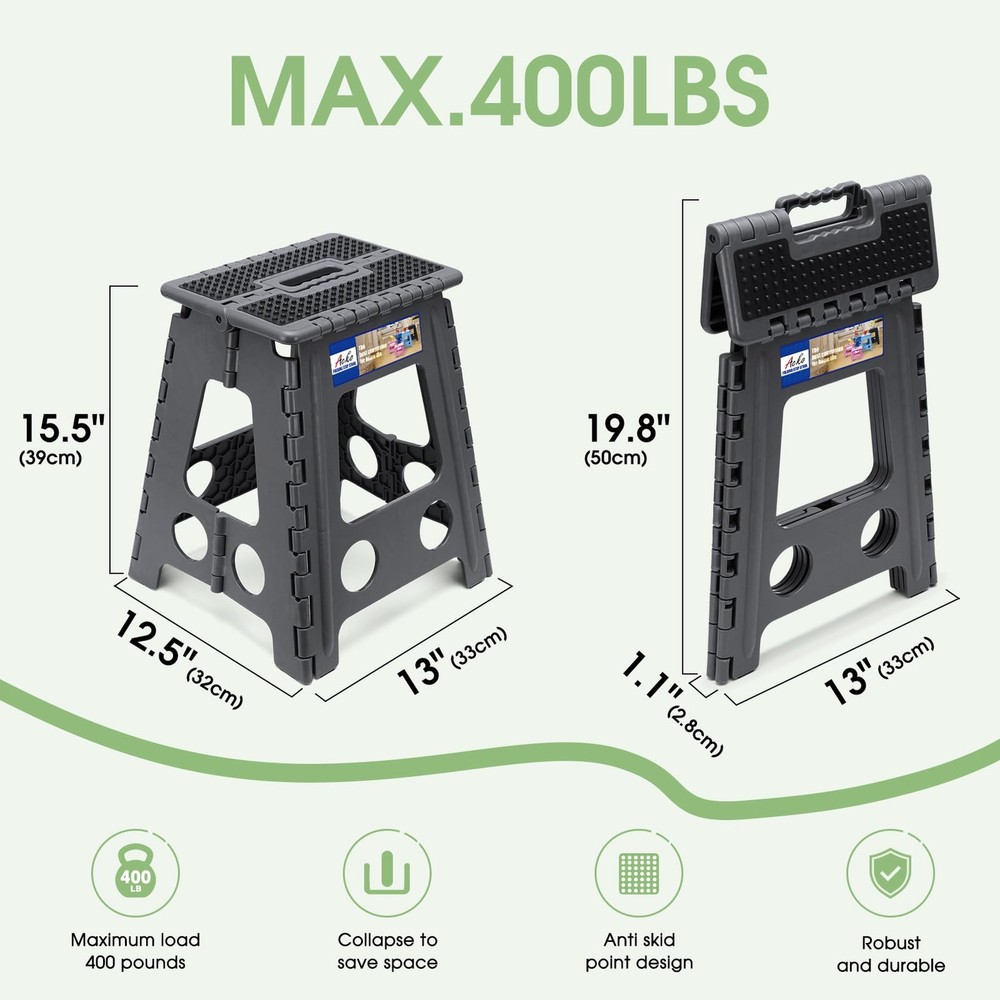 Folding Step Stool 16 Inch 400 lbs Capacity Dot Grey Plastic Handle 1 PC